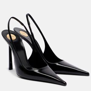 SAINT LAURENT VENDOME 110MM SLINGBACK PUMPS GLAZED LEATHER IN BLACK SIZE 37 NIB